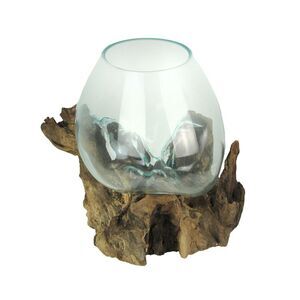 Large Molten Glass Sculptural Bowl / Plant Terrarium On Natural Driftwood Base